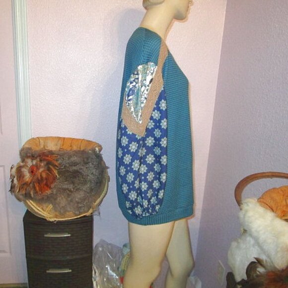 Avenue WAFFLE Knit Size 14 16 TUNIC Top THERMAL Mix Media CROCHET Balloon Sleeve - Picture 4 of 10